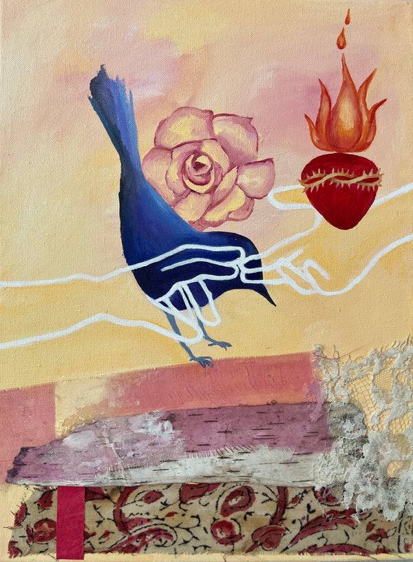 surreal style painting of a bird perched on an abstracted ground; in front of the bird is an outline of two hands reaching out for one another; behind the bird is a rose