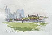 watercolor painting of Ellis Island