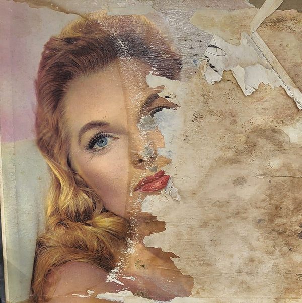 portrait of a woman on a water damaged  surface; half torn