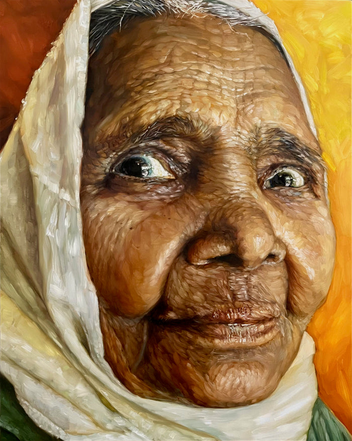 an up close foreshortened portrait of and elderly woman with a white head scarf with detailed markings of the aged wrinkles on her face
