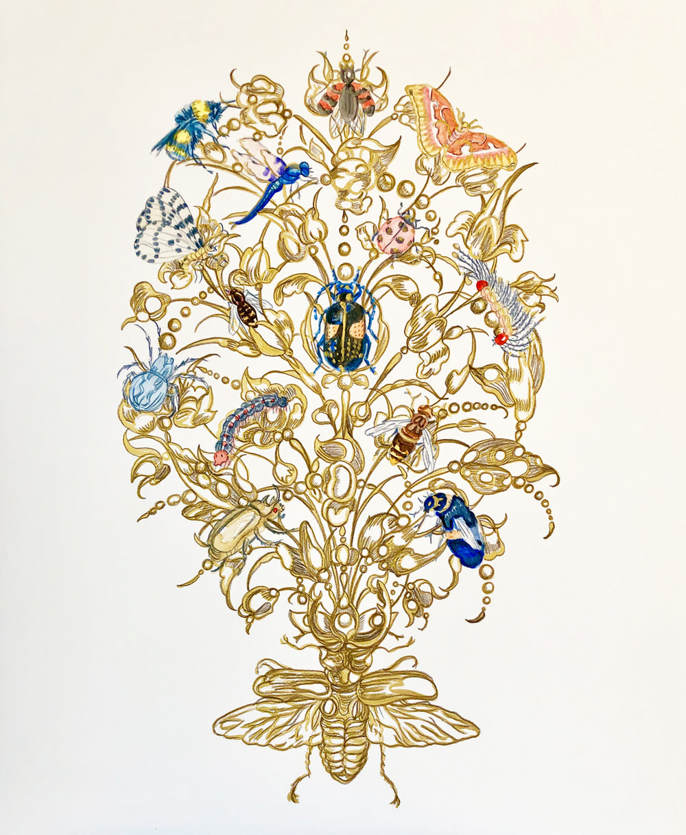 gold filigree painting of a floral bouquet, with various colorful insects throughout