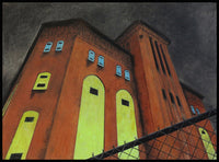 oil pastel perspective drawing of the old Powerhouse building in downtown Jersey City with a dark gray sky
