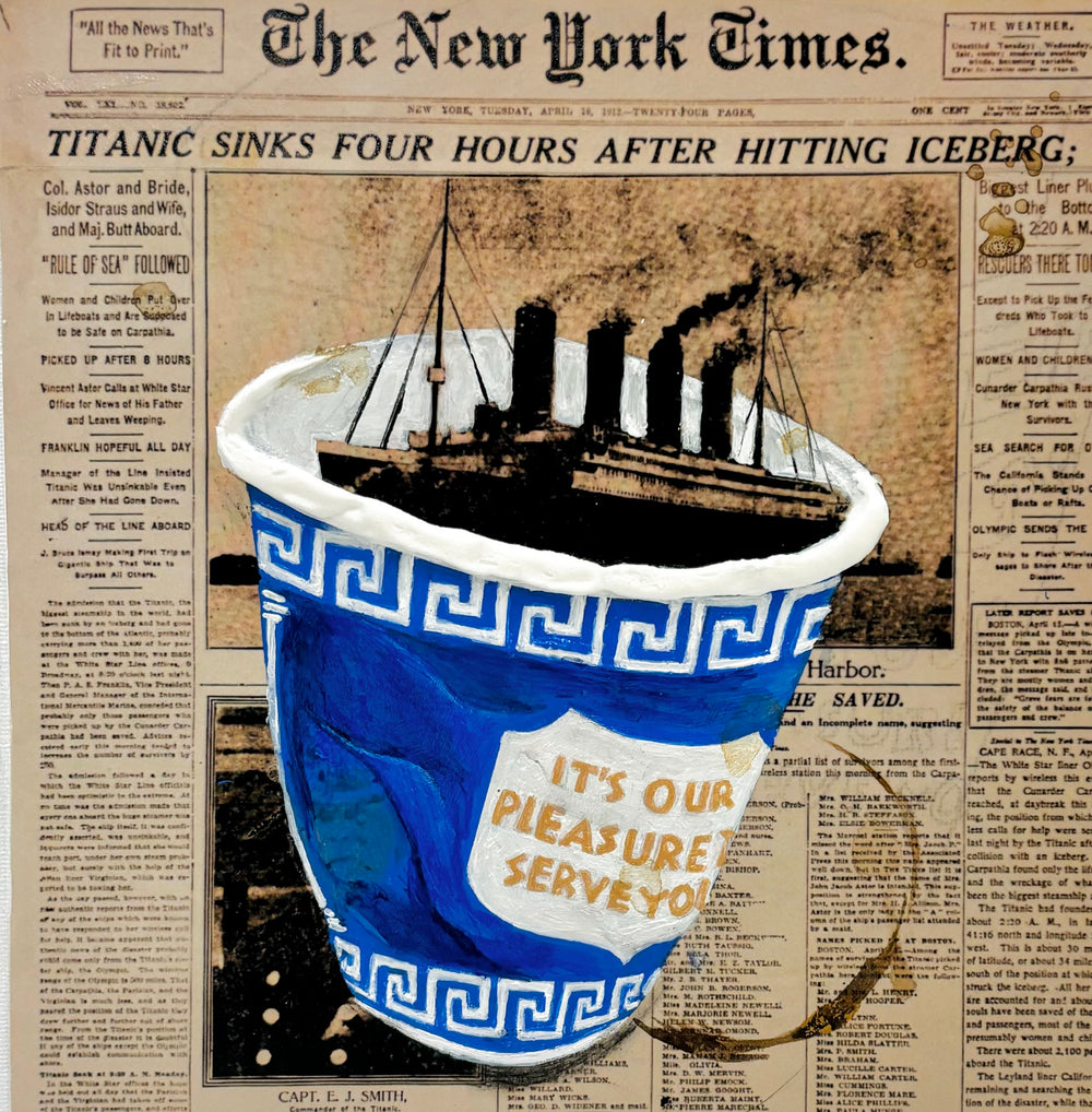 crumple food truck coffee cup on newspaper headlining the sinking of the Titanic