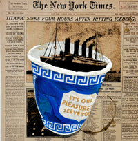 crumple food truck coffee cup on newspaper headlining the sinking of the Titanic