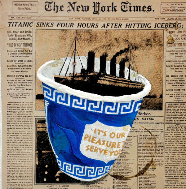 crumple food truck coffee cup on newspaper headlining the sinking of the Titanic