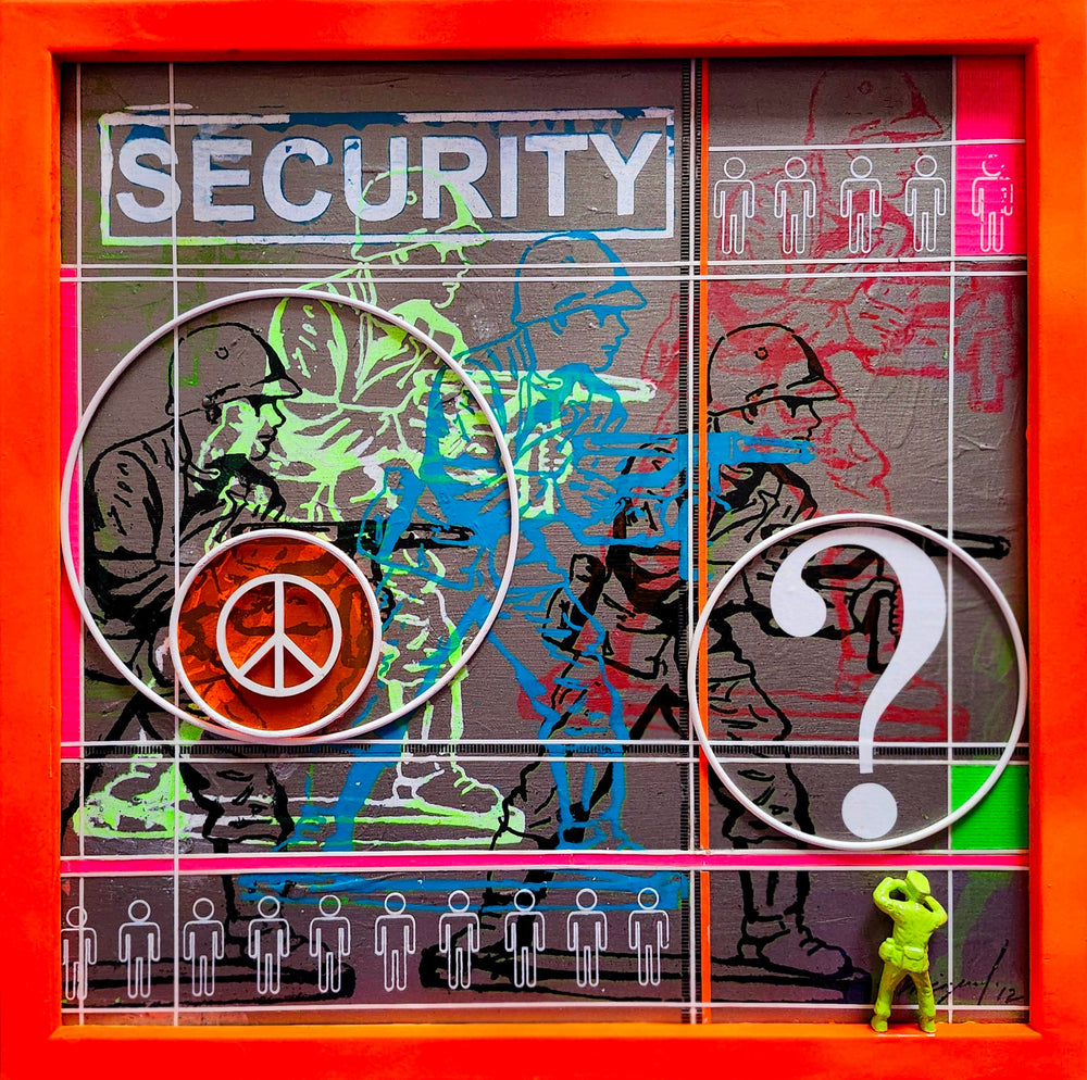 Artistic depiction of a security screen with symbols and text, framed by an orange border.