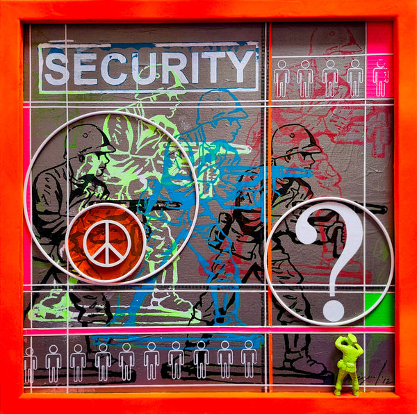 Artistic depiction of a security screen with symbols and text, framed by an orange border.