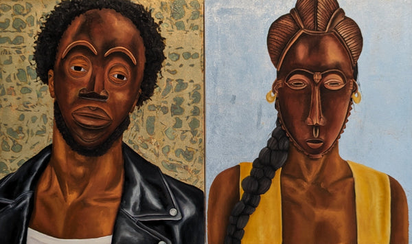 diptych portraits of two African figures whose faces take on the qualities of masks