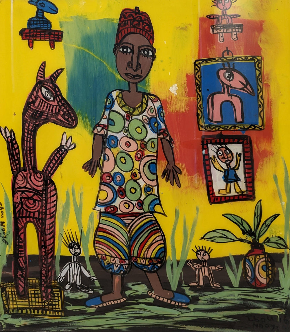 acrylic on a glass window of and African art dealer surrounded by artwork