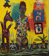 acrylic on a glass window of and African art dealer surrounded by artwork