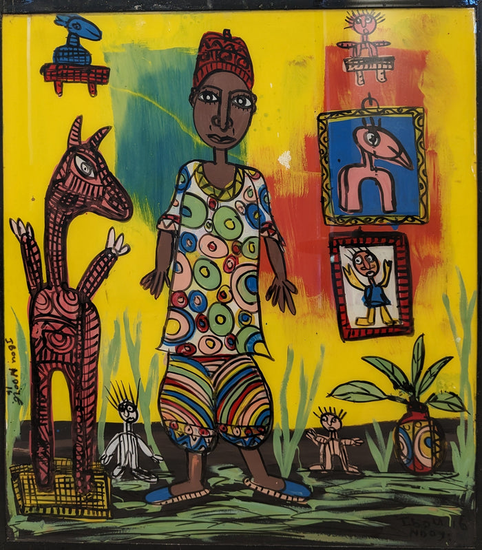 acrylic on a glass window of and African art dealer surrounded by artwork