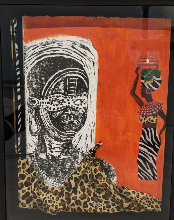 hand pulled print of an African girl with leopard print fabric top looking towards and African woman