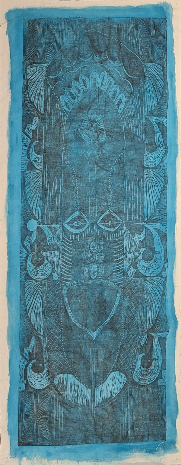 ink print of an African mask on raw canvas