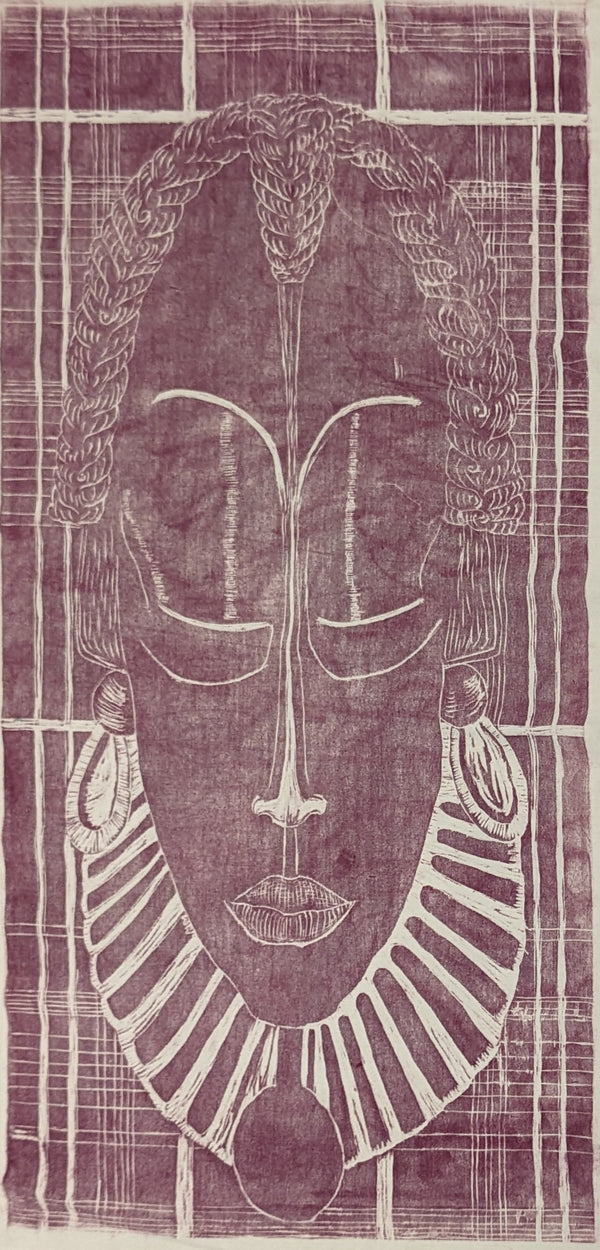ink print of an African mask on raw canvas