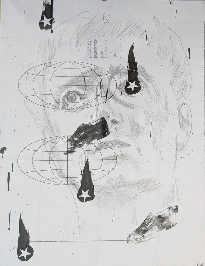 pencil drawing portrait with graphic shapes layered on top