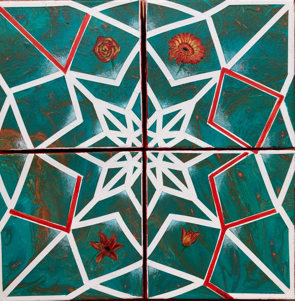 white geometric shaped star that radiates outward into different geometric shapes, some of which are red; the background is turquoise with some flower designs throughout