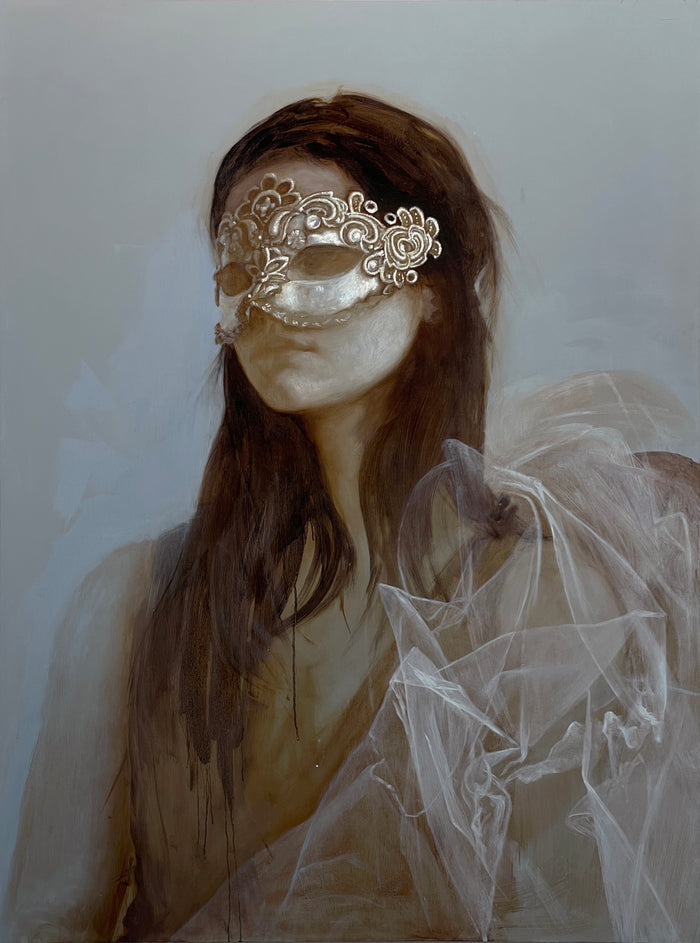 portrait of a young girl in a a silver masquerade mask, her body covered in white tulle; the painting features muted colors, her hair unkempt