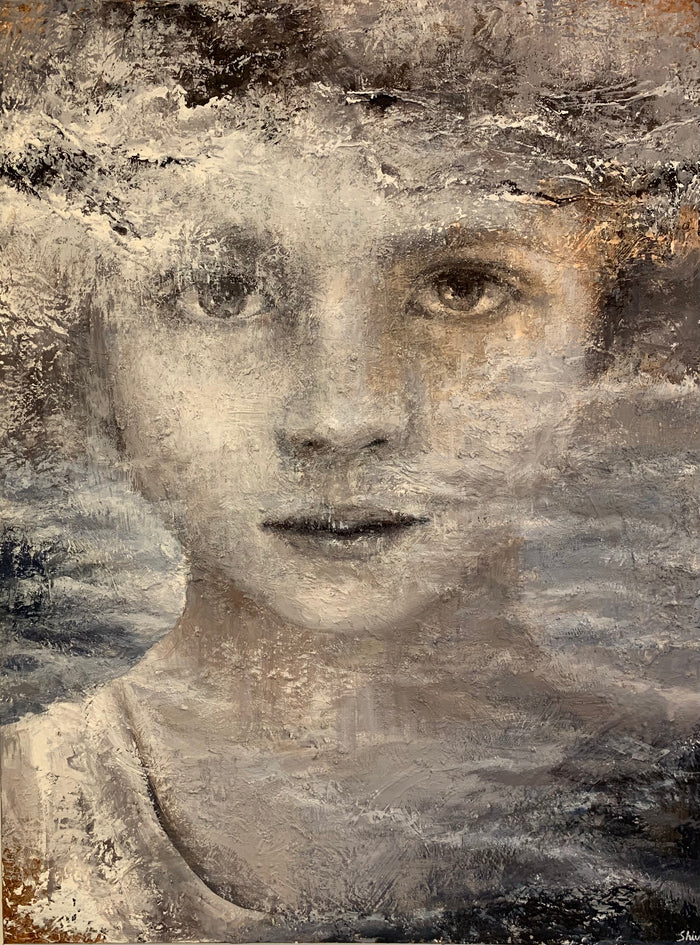 textured portrait of a young child filled with layers and cool earth tones