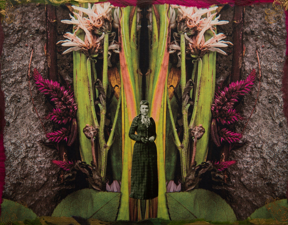analog collage of a woman in Victorian garb featured in front of a giant floral backdrop