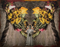 analog collage of a woman in a Victorian wedding dress; she stands in front of a backdrop of giant flowers