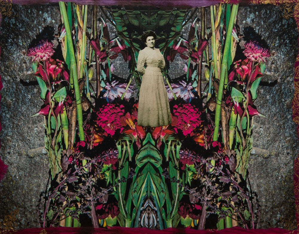 analog collage of a Victorian woman in front of a backdrop of giant flowers placed on the ground in a design pattern