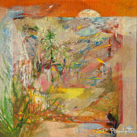 abstract expressionist painting featuring hues of orange and gree