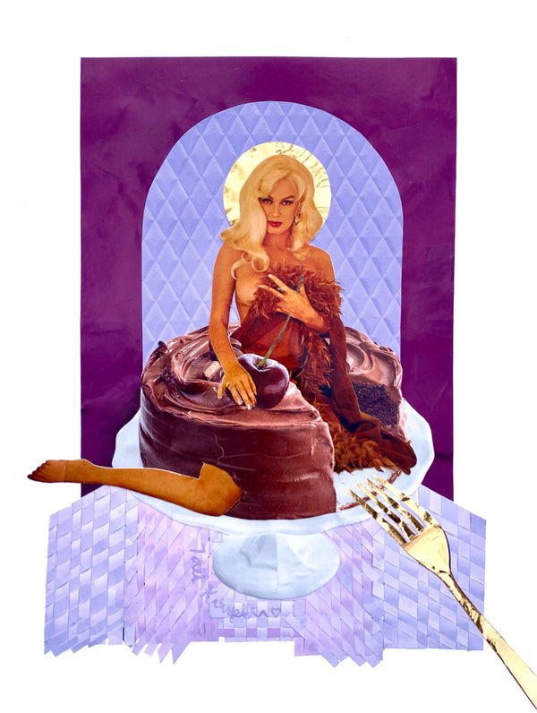collage of a woman perched in the middle of a chocolate cake holding a blanket over her chest