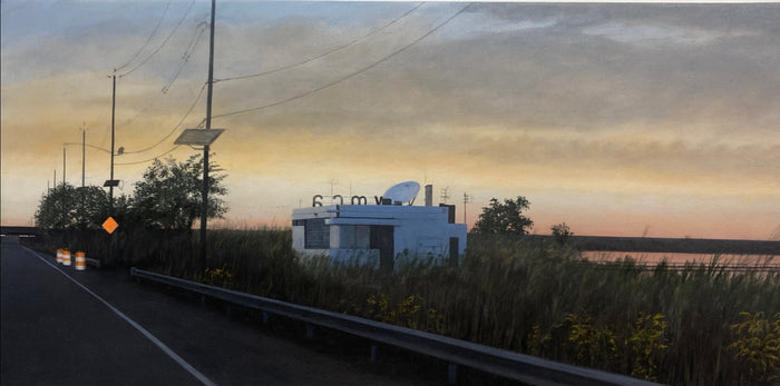 landscape painting of the side of a roadway with a guard rail buffering overgrown marsh weeds and an abandoned building by the bay at sunset