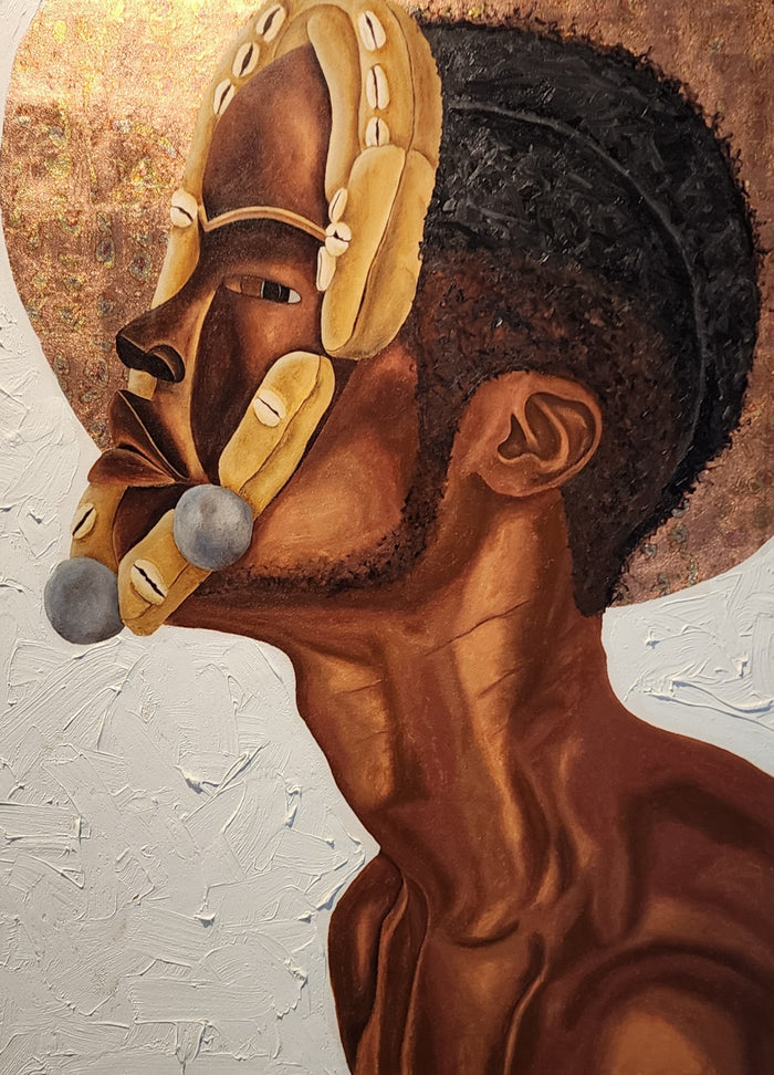 profile portrait of a man of color; remnants of an African mask remain on his face, as his own features push through; his gaze focuses on the viewer