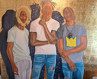 three men of color standing with relaxed swagger, as if posing for a picture, and modern clothing in front of a gold background while wearing traditional African masks