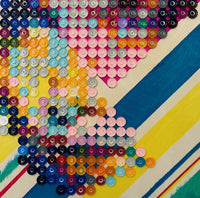 multicolored medicine caps on a painted wood panel; when viewed up close, the work appears abstract; from far away it forms into a portrait