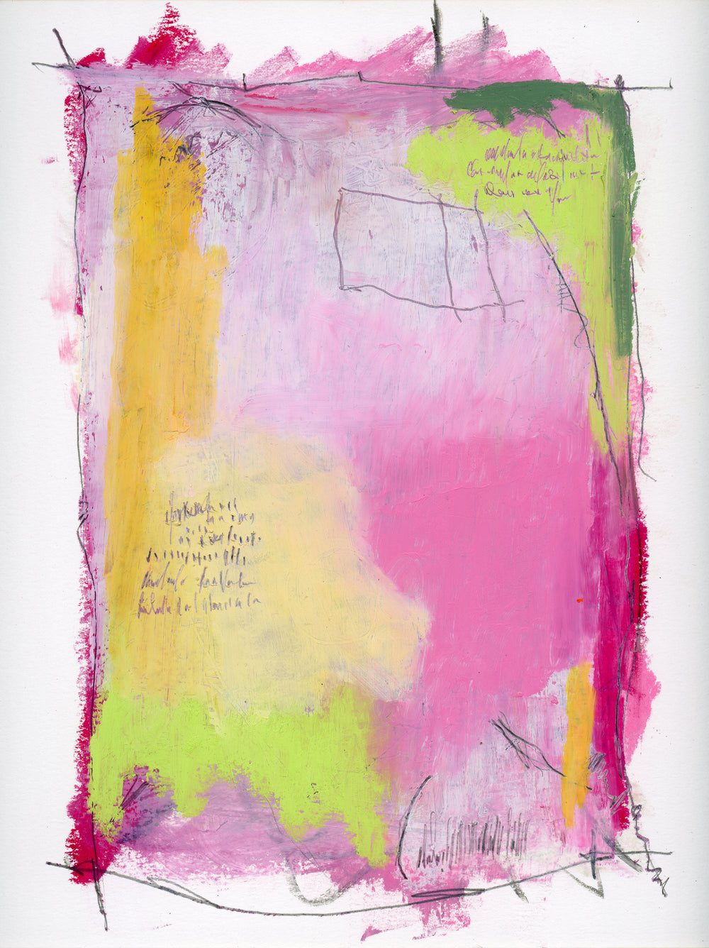 abstract pastel drawing featuring hues of pink, yellow and green, with written text