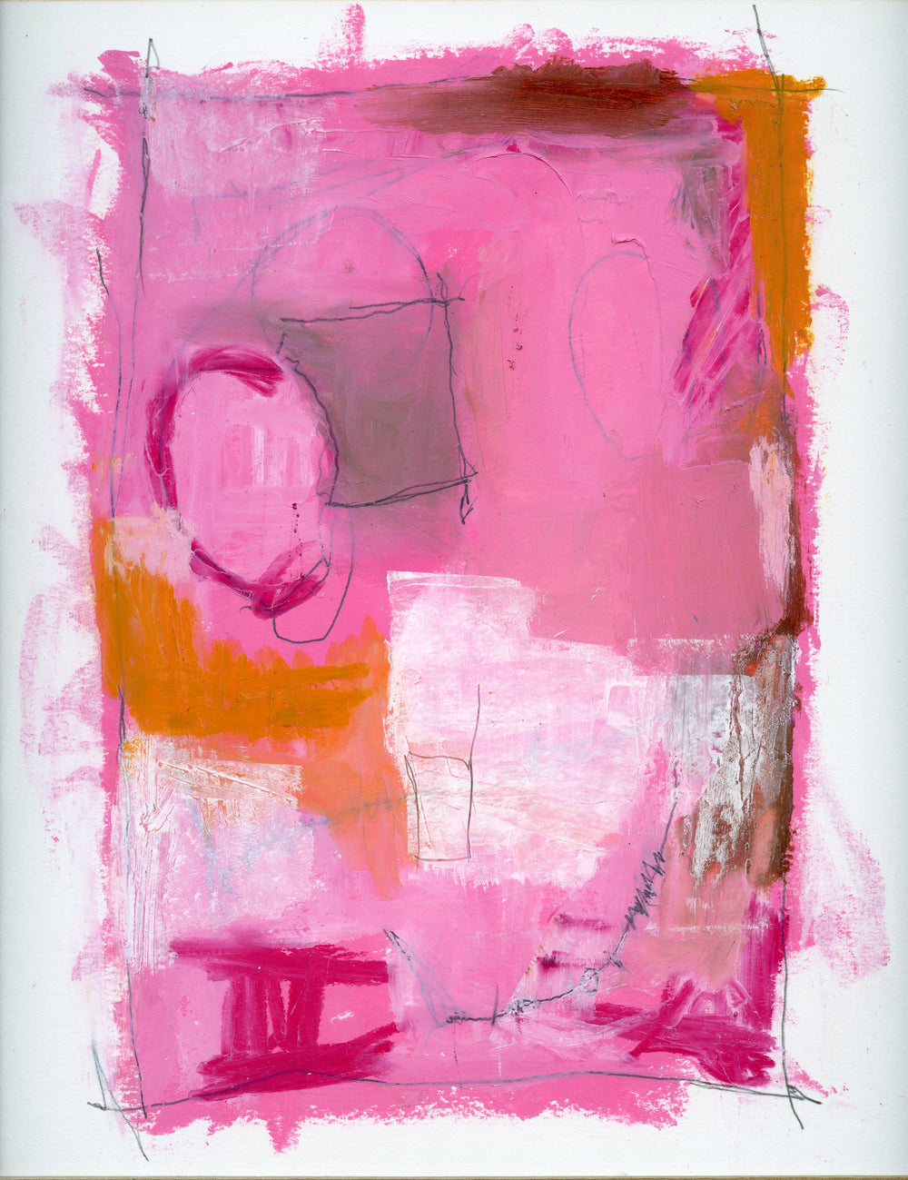 abstract oil pastel drawing featuring hues of pink, orange and white