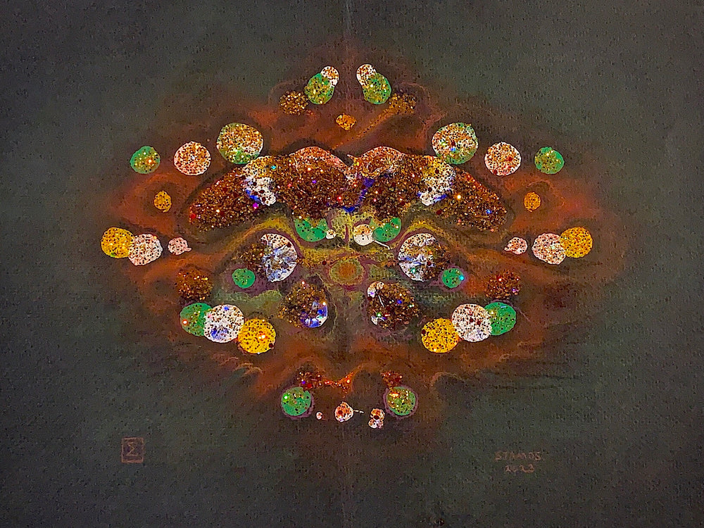 abstract mixed media resembling a Rorschach test image with glitter