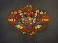 abstract mixed media resembling a Rorschach test image with glitter