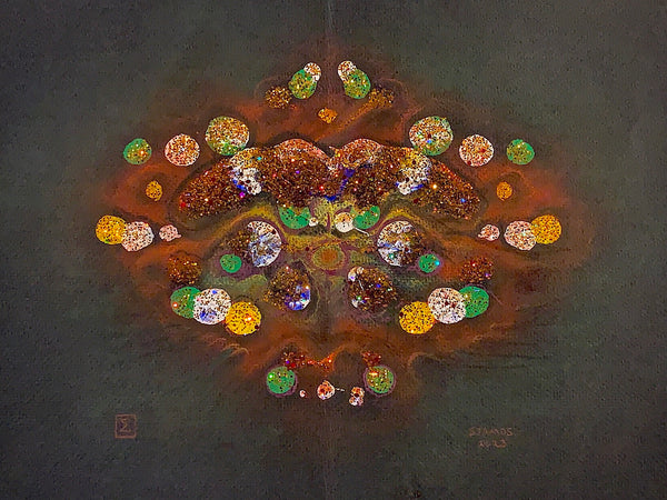 abstract mixed media resembling a Rorschach test image with glitter