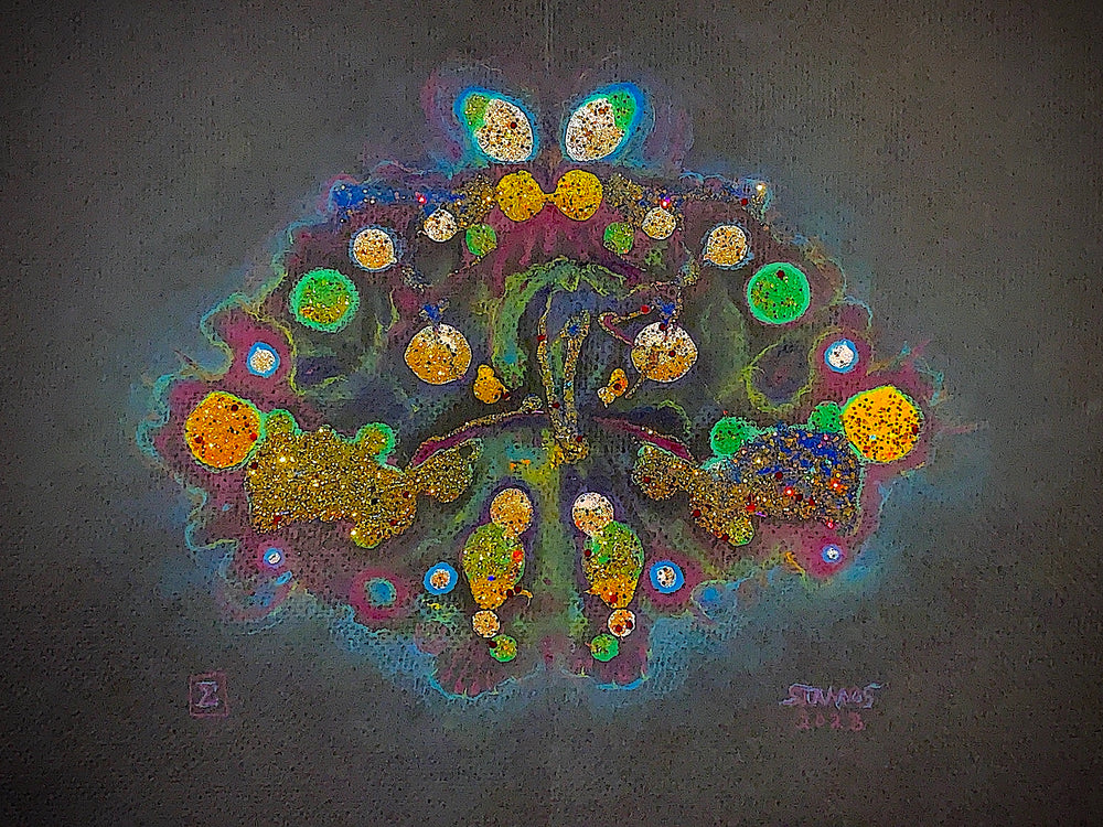 mixed media abstract image resembling an Rorschach test with glitter