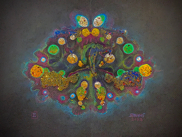 mixed media abstract image resembling an Rorschach test with glitter