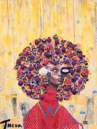 tapestry of a black woman with a large beautiful afro made from colorful found objects including bottle caps and other ephemera; her left eye is a found object collage piece; the background is minimal, featuring yellows and browns that appear like brush strokes