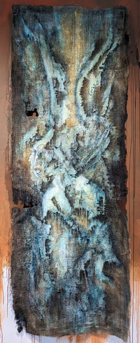 expressionistic painting on burlap featuring hues of green and brown; within the painting is a hidden portrait