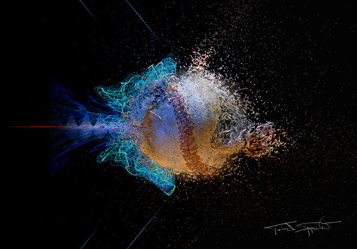 illuminated print of a video still of a baseball shattering in mid air