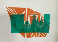 linocut print of a cityscape in a green layer overlaid on an orange layer with geometric shapes