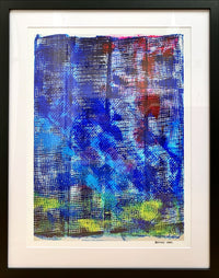 abstract artwork featuring hues of blue with red and yellow