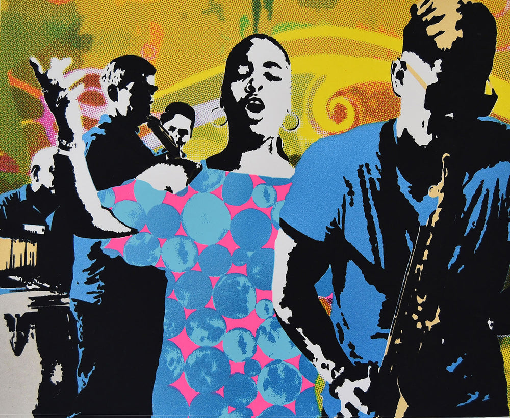 Silkscreen print of a woman singing, a person playing saxophone in the forefront, and the rest of the band is in the background. The figures are black and white, the background is a vibrant, pixelated yellow with various patterns, and the woman is wearing a blue and pink dress with circular patterns.