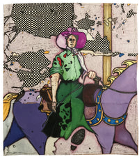 A woman Cowgirl wearing green riding a purple carousel horse