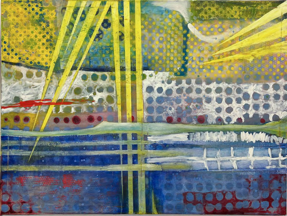 Abstract oil painting featuring repetitive circular shapes of varying sizes.  Yellow and green lines overlap the repeating circles, vertically, horizontally, and diagonally.  Featured color hues include blue, yellow, green, and white.  Pops of red accent the piece.