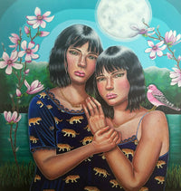 figurative portrait of two girls with short dark hair and bangs holding one another; they are wearing similar navy colored tops with tigers printed on them; the background features a full moonlit lake with woods across the way and large grassy ground directly behind them; magnolias frame the girls in the foreground; a pink and black bird is perched on one of the girl's shoulders