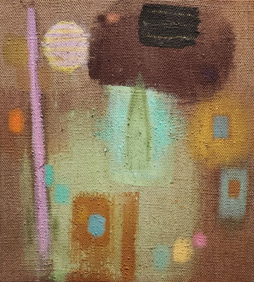 abstract painting with a brown hued background with aqua, teal, and purple shaped hues in the foreground