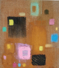 abstract painting featuring a brown background and square shapes in pink, black, and yellow