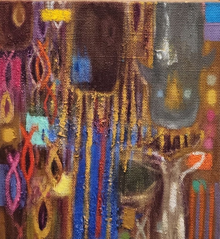 abstract painting with fish forms and vertical lines featuring hues of yellow, brown, and blue